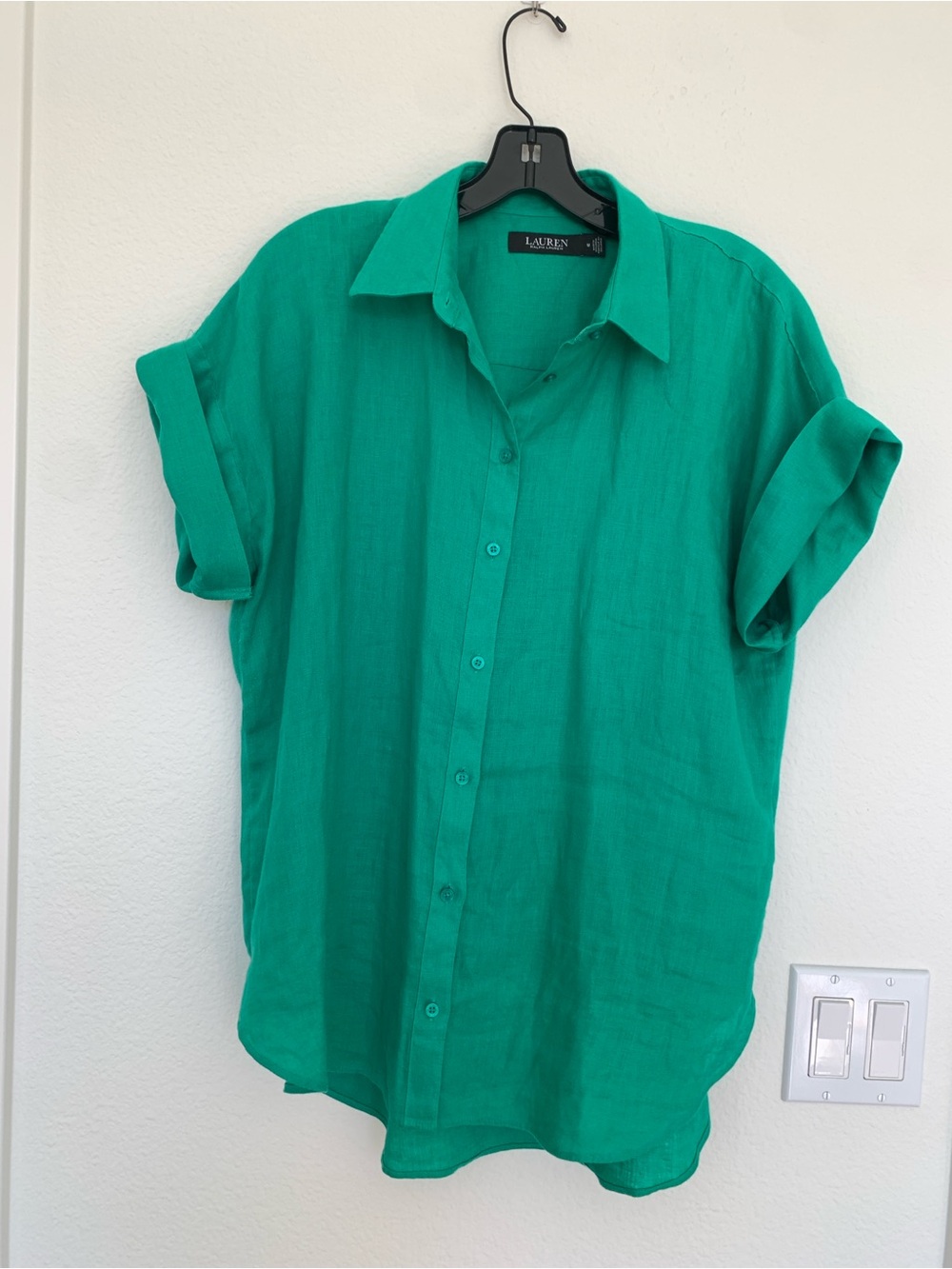 Ralph Lauren Emerald Green Linen Short-Sleeve Button Front Blouse